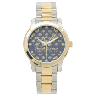 Monogram ART Deco Navy Blauwe Gouden Schelpen Nieu Horloge