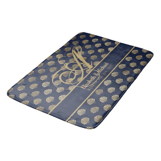 Monogram ART Deco Navy Blue Gold Shells Passen get Badmat (Gekanteld)