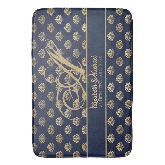 Monogram ART Deco Navy Blue Gold Shells Passen get Badmat (Voorkant Verticaal)
