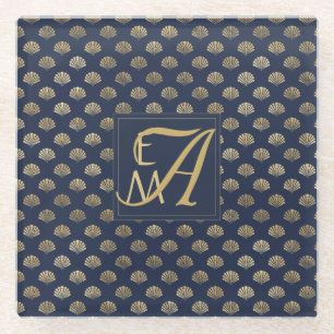 Monogram ART DECO Shells Navy Blue Gold Passen get Glazen Onderzetter