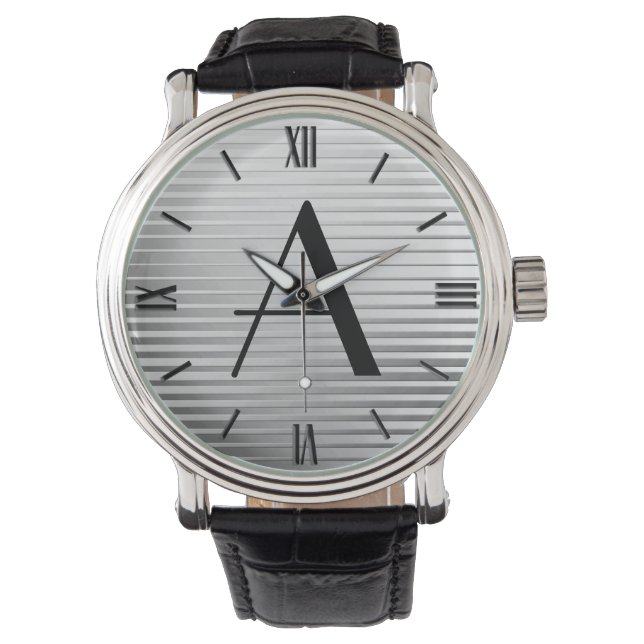 Monogram Art Deco Silver Satin Stripes Horloge (Voorkant)