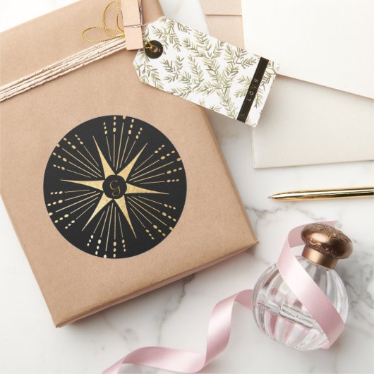 Monogram Art Deco Star Zwart en Goud Ronde Sticker (Geschenken)