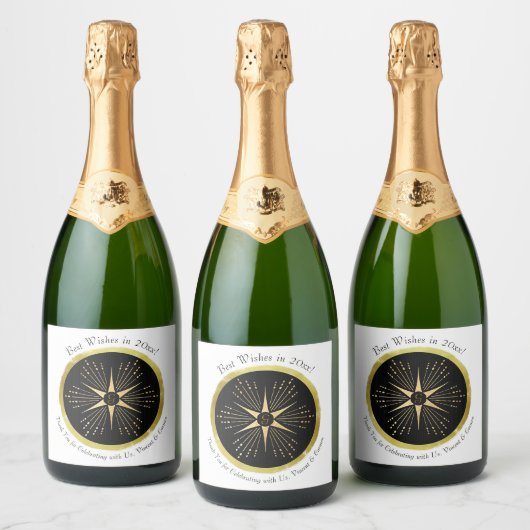 Monogram Art Deco Star Zwart en Goud Sparkling Wijnetiket (Flessen)