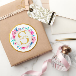 Monogram Art I Gouden Initiaal en Waterverf Roos Ronde Sticker