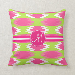 Monogram Aztec Andes Tribal Hot Pink Lime Green Kussen