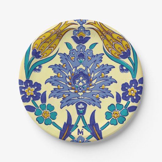 Monogram Azulejo Ceramic Style Ornament Papieren Bordje (Voorkant)