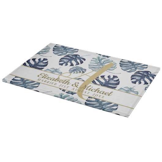 Monogram Azure Blue Tropical Leaves Gold Passen ge Snijplank (Hoek)