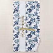 Monogram Azuurblauwe Tropische Bladeren Goud Nieuw Strandlaken (Voorkant)