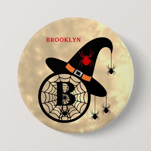 Monogram B Halloween Sky Witch Spiders Naam Button (Voorkant)