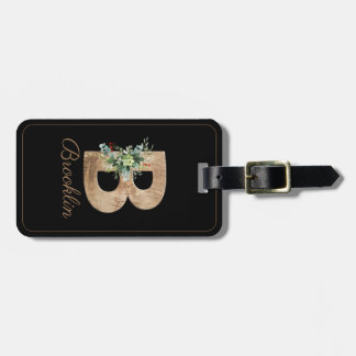 Monogram B houtletter rood bloem Bagagelabel