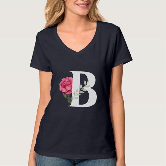 Monogram B in wit roze roos en laat T-shirt (Voorkant)