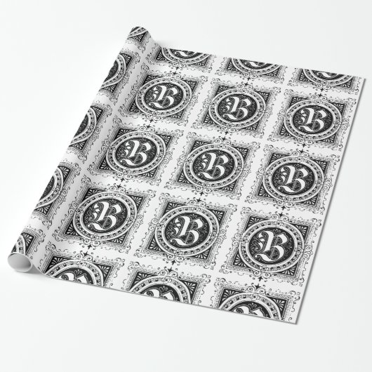 Monogram B Initiaal Black en White Square Pattern Cadeaupapier (Uitgerold)