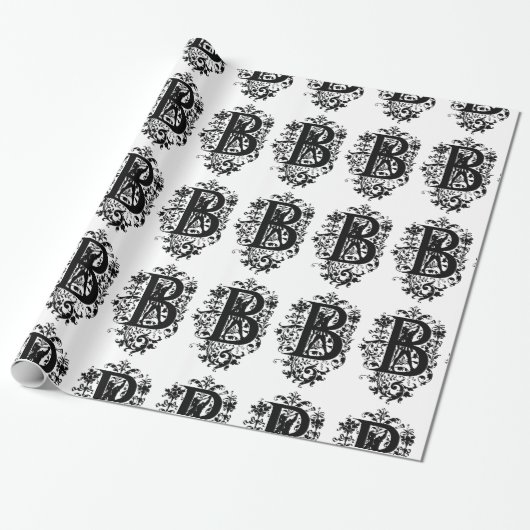 Monogram B Initiaal Zwart-wit Florentijn Cadeaupapier (Uitgerold)