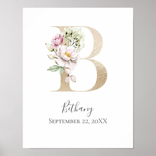Monogram B Roze witte Floral Gold Letter Neursery Poster (Voorkant)