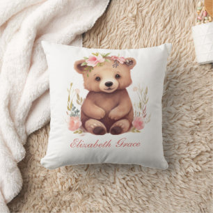 Monogram Baby Beer Meisjes Roze Bloemen Slaapkamer Kussen