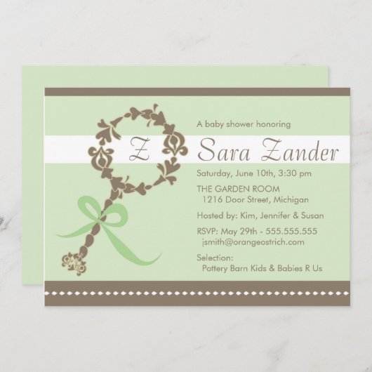 Monogram Baby Rattle Shower Uitnodiging (Voorkant / Achterkant)