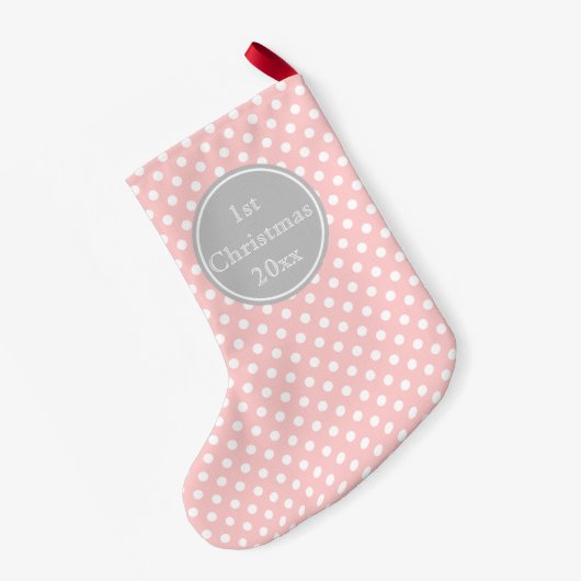 Monogram baby roze en Ash Gray Polka Dot Kleine Kerstsok (Achterkant (Hangend))