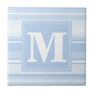 Monogram babyblauwe strepen tegeltje
