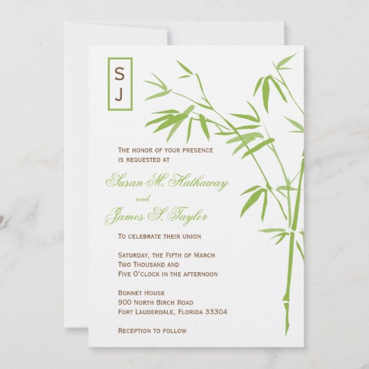Monogram Bamboo Wedding Invitations  | Groen Kaart (Voorkant)