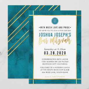 MONOGRAM BAR MITZVAH blauwgroen blauw gouden stree Kaart