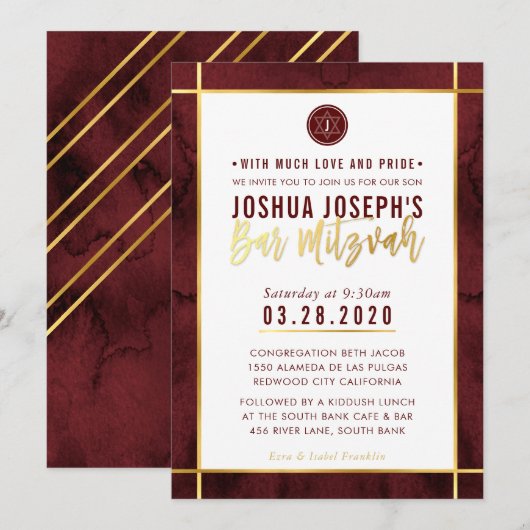 MONOGRAM BAR MITZVAH donkerrood waterverf goud Kaart (Voorkant / Achterkant)