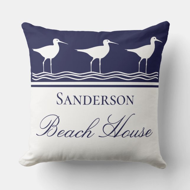 Monogram Beach house marine blue Sandpipers Buitenkussen (Voorkant)