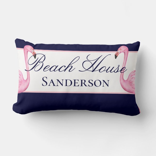 Monogram Beach House Pink Flamingos marineblauw Kussen (Voorkant)