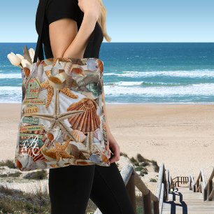 Monogram Beach Shell Starfish Pattern Canvas tas