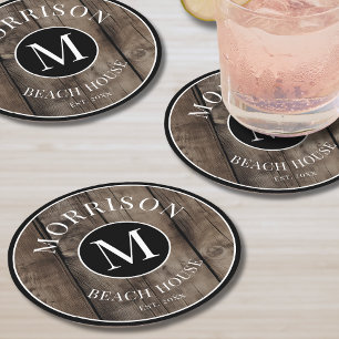 Monogram Beginletter Achternaam Rustiek Hout Ronde Kartonnen Onderzetter