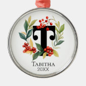 Monogram Beginletter T Beskrans Kerstmis Metalen Ornament (Voorkant)