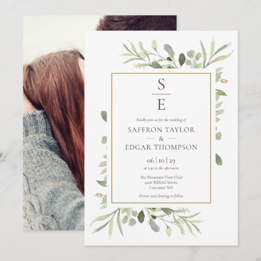 Monogram Beginletters Groene Loof Foto Bruiloft Kaart (Voorkant / Achterkant)