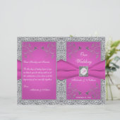 Monogram Berry Pink, Silver Floral Wedding Program (Staand voorkant)