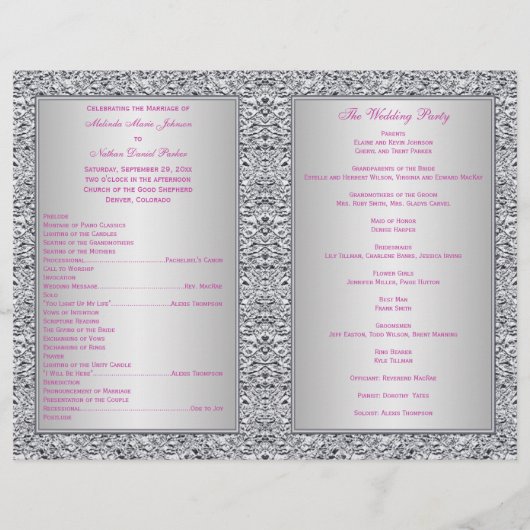 Monogram Berry Pink, Silver Floral Wedding Program (Achterkant)