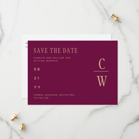 Monogram Berry Wine Gold Wedding Save the Date (Voorkant / Achterkant in situ)