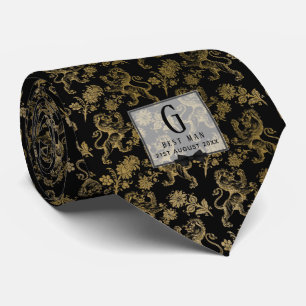 Monogram Best Man Bruidsjonker Zwart Goud Damast Stropdas