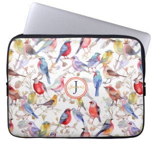 Monogram betoverend Waterverf vogelpatroon Laptop Sleeve