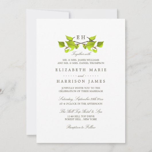 Monogram Birch Tree Branch Wedding Kaart (Voorkant)