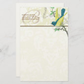 Monogram Bird Musical Branch Stationery Briefpapier (Voorkant / Achterkant)