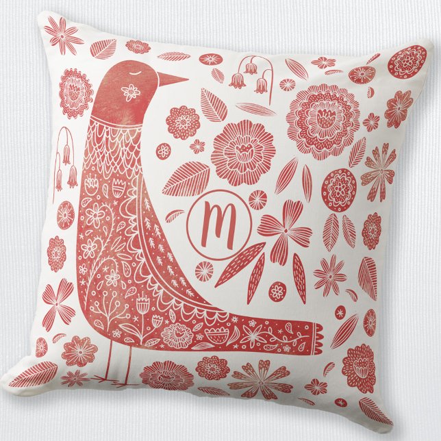 Monogram Bird Red White Kussen (Red and white monogram initial personalized folk art Scandinavian bird and flower throw pillow)