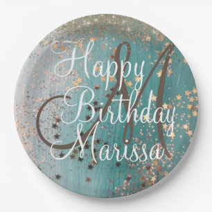 Monogram Birthday Gold Stars op Blauwgroen Papieren Bordje