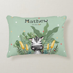 Monogram Birthday Zebra en oerwoud l Nursery Green Accent Kussen