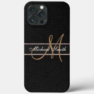 Monogram Black Burlap Linen Rustic Jute iPhone 13 Pro Max Hoesje
