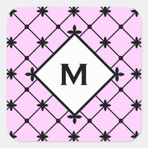 Monogram Black Cross Pattern op Roze Vierkante Sticker