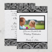 Monogram Black Damask Wedding Invitation Foto Kaart (Voorkant / Achterkant)