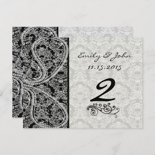 Monogram Black Damask Wedding Table Number Kaarten (Voorkant / Achterkant)