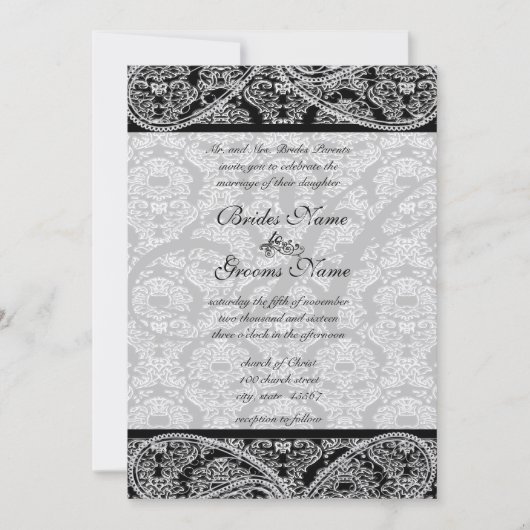 Monogram Black Damask Wedding Uitnodiging (Voorkant)