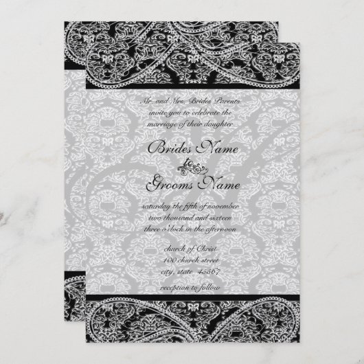 Monogram Black Damask Wedding Uitnodiging (Voorkant / Achterkant)