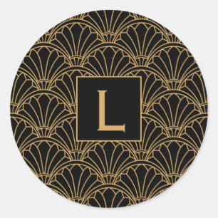 Monogram Black en Gold Art Deco Fan Flowers Motif Ronde Sticker