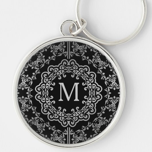 Monogram Black en Silver Filigree Motif Sleutelhan Sleutelhanger (Voorkant)
