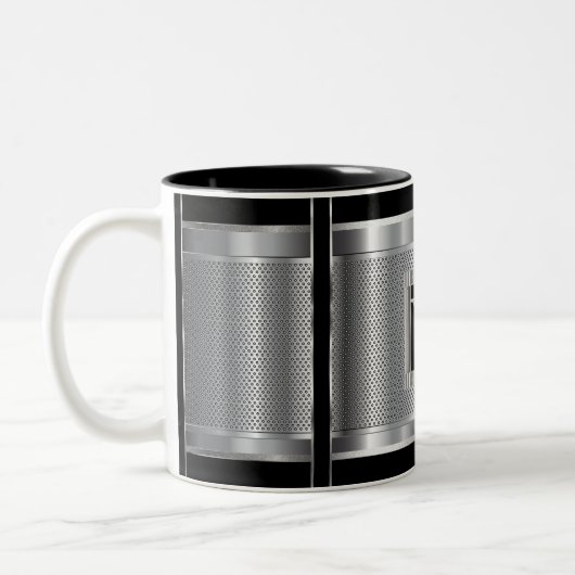 Monogram Black en Silver Steel Metal Mesh Tweekleurige Koffiemok (Links)